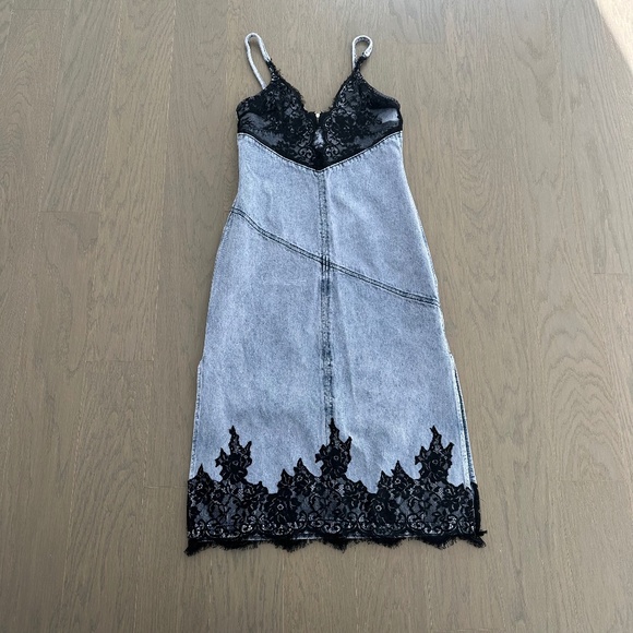 3.1 Phillip Lim Overdyed Denim Slip Dress Lace Trim Denim Dress Black - Size 2 - Picture 2 of 10